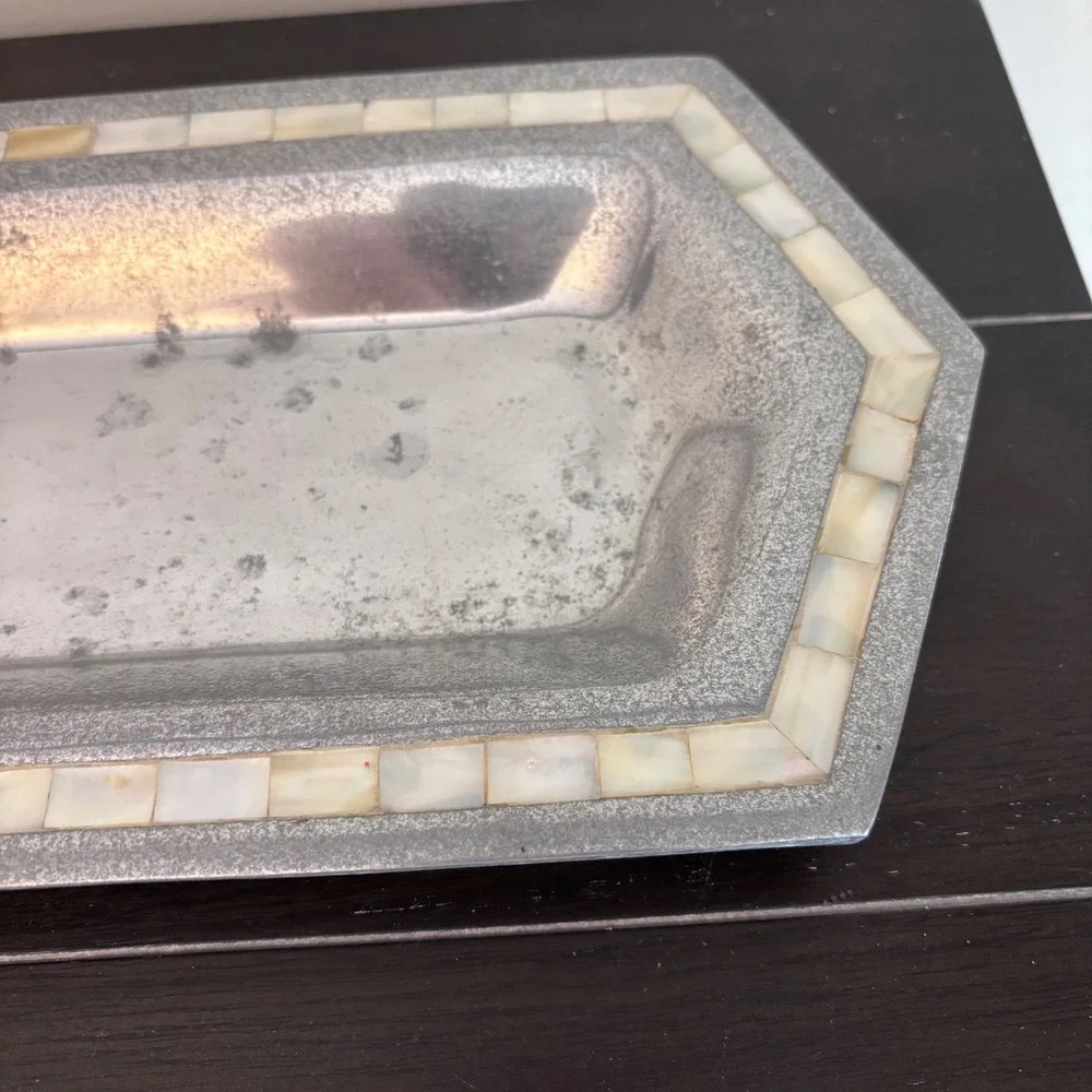 Silver Aluminum Tray | Mother of Pearl Mosaic Inlay Border‎ | Made in India